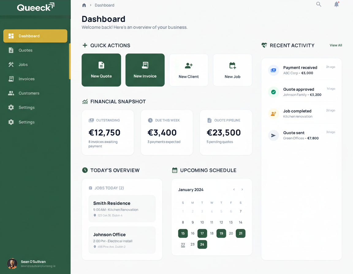 Queeck quote creation dashboard mockup